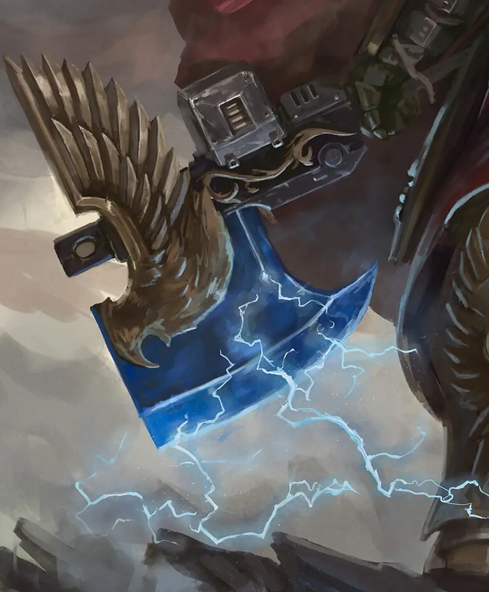 Castellan Axe (Auramite Halberd & Bolter) — Detail crop: Trajann Valoris