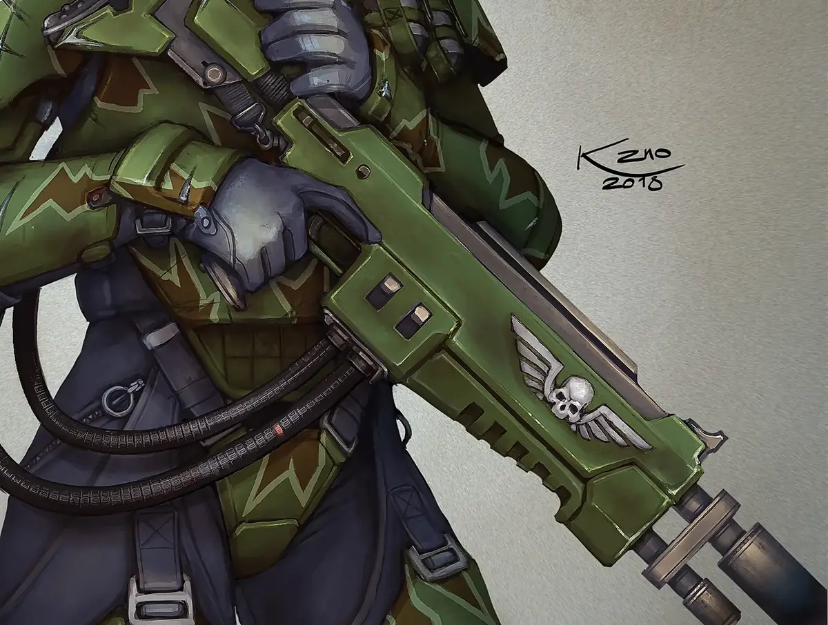 Hot-Shot Lasgun (Hellgun & Hot-Shot Volley Gun) — Detail crop: Kasrkin